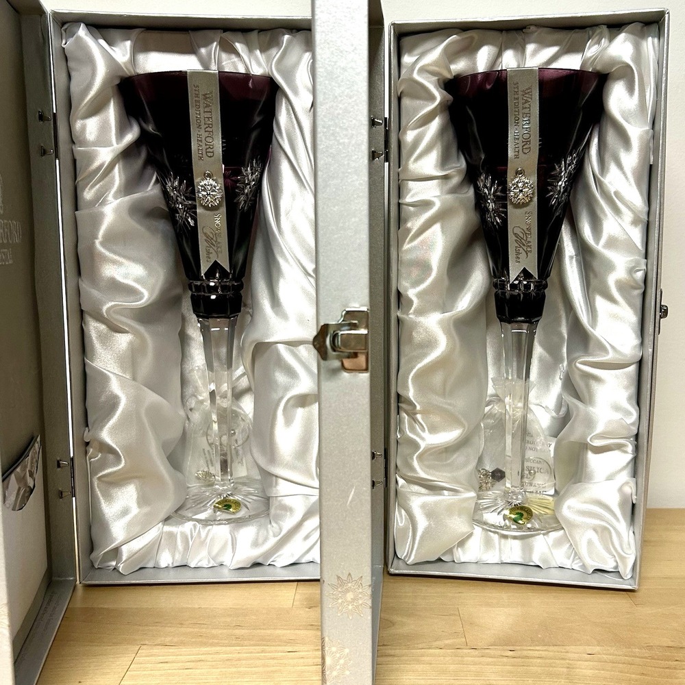 Waterford HEALTH Crystal Champagne Flutes Pair Amethyst Ltd Ed Snowflake Wishes